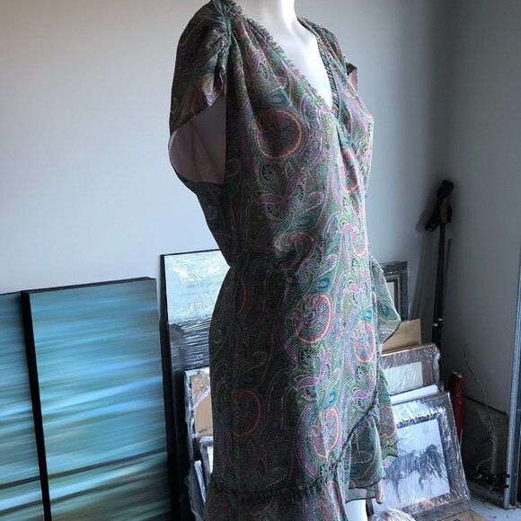 All Saints Zini Shahmina Lined Lightweight Paisley Wrap Dress Grn Pnk Sz 8 NWT - Picture 6 of 12